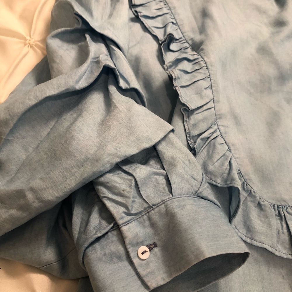 H&M Premium Denim Chambray Ruffle Top Small - Picture 7 of 8
